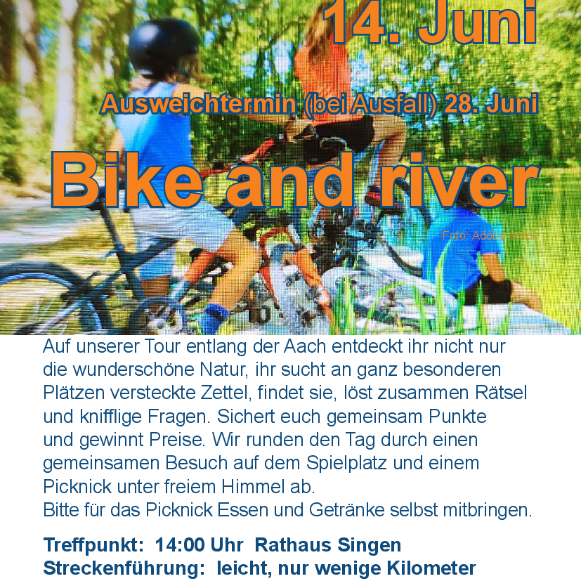 Hochformat halb Foto halb Text. Foto Kind mit Fahrrad, ca. Frau mit Fahrrad, ca. Mann am Wasser sitzend; alle von hinten also anonym.